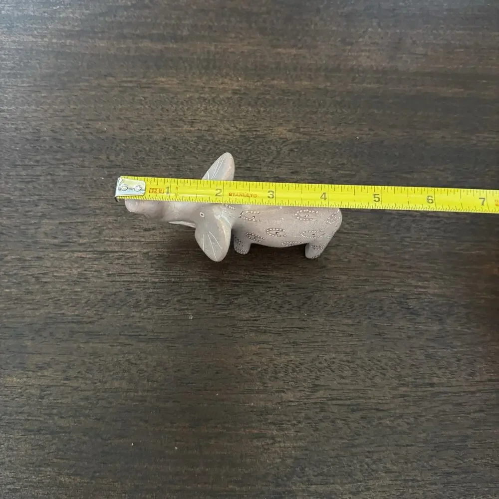 Vintage Hand Carved Soapstone Elephant Figurine Lucky Trunk Up Primitive Etched